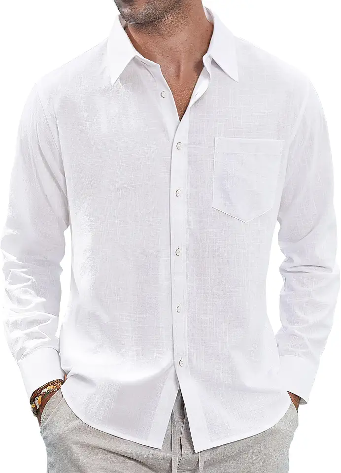 Global Recycled Standard J.VER Men's Linen Shirts Casual Button Down Long Sleeve Shirt Solid Spread Collar Summer Beach Shirts with Pocket