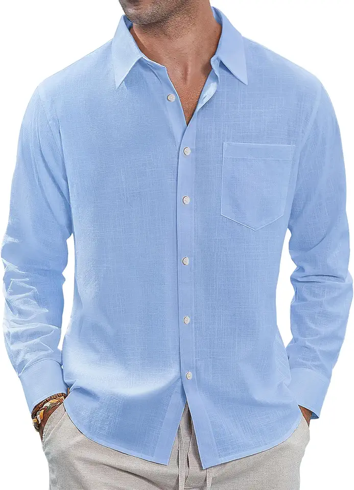 Global Recycled Standard J.VER Men's Linen Shirts Casual Button Down Long Sleeve Shirt Solid Spread Collar Summer Beach Shirts with Pocket