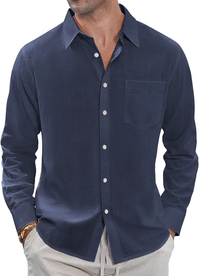 Global Recycled Standard J.VER Men's Linen Shirts Casual Button Down Long Sleeve Shirt Solid Spread Collar Summer Beach Shirts with Pocket