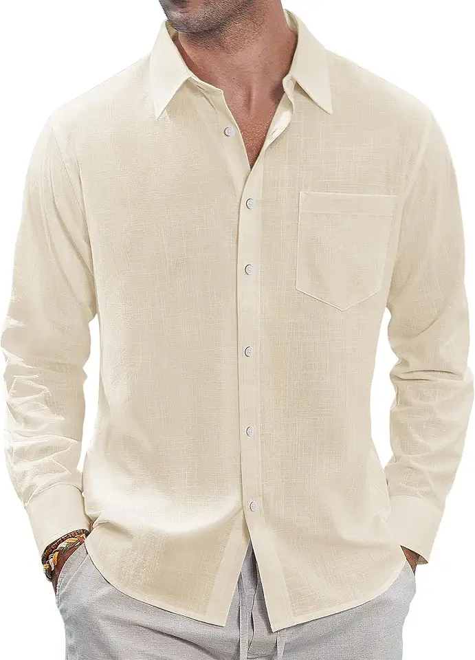 Global Recycled Standard J.VER Men's Linen Shirts Casual Button Down Long Sleeve Shirt Solid Spread Collar Summer Beach Shirts with Pocket