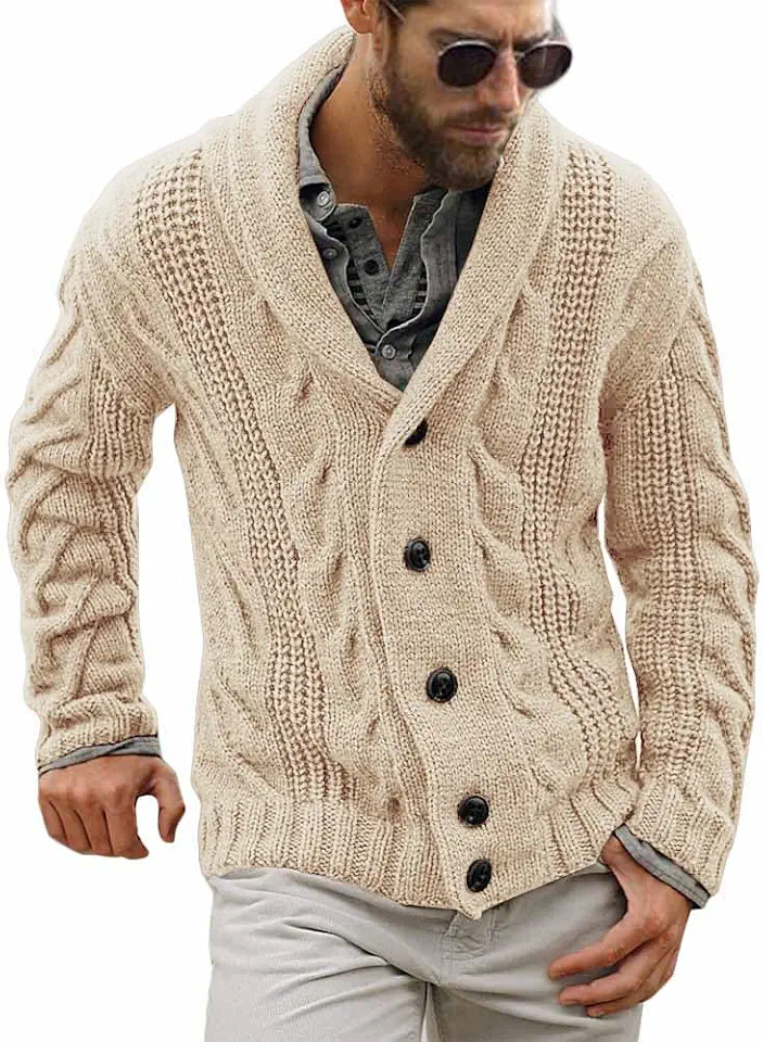 Karlywindow Mens Cardigan Sweater Cable Knit Shawl Collar Cardigans