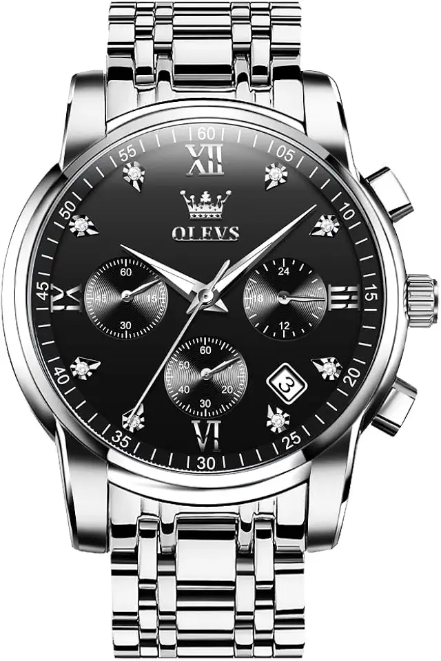 OLEVS Men's Stainless Steel Chronograph Watch, Big Face Gold Silver Black Tone Easy to Read Analog Quartz Watch, Luxury Waterproof Date Diamond Roman Arabic Numerals Dial Dress Watch for Men