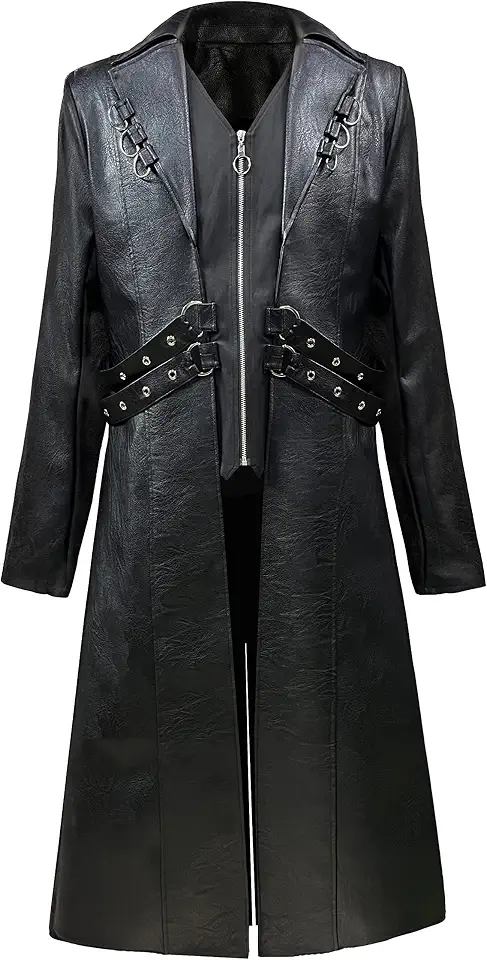 Men's Steampunk Leather Trench Coat Gothic Vintage Long Jacket