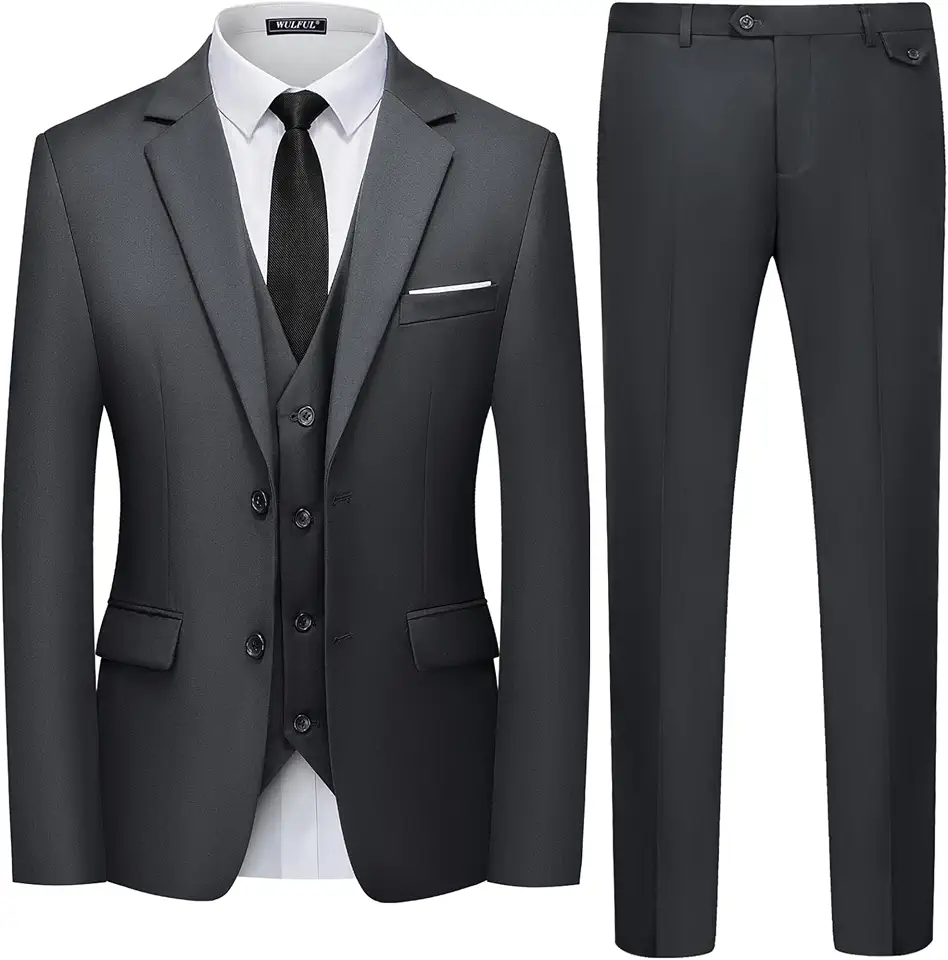 Global Recycled Standard WULFUL Men's 3 Piece Slim Fit Suit Set Two Button Blazer Jacket Vest Pants Tuxedo Set for Party, Wedding and Business