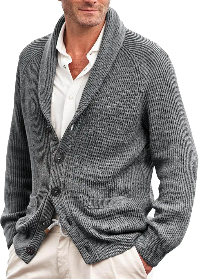 Karlywindow Mens Shawl Collar Cardigan Sweaters Cable Knit Chunky Sweater