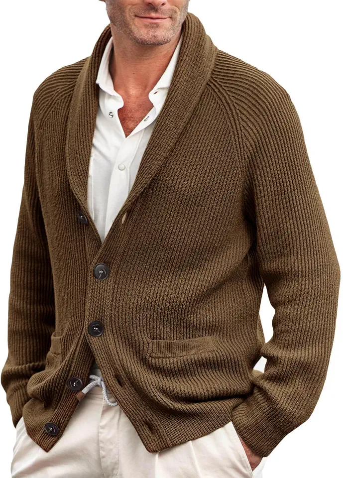 Men's Cream White Cable Knit Shawl Cardigan