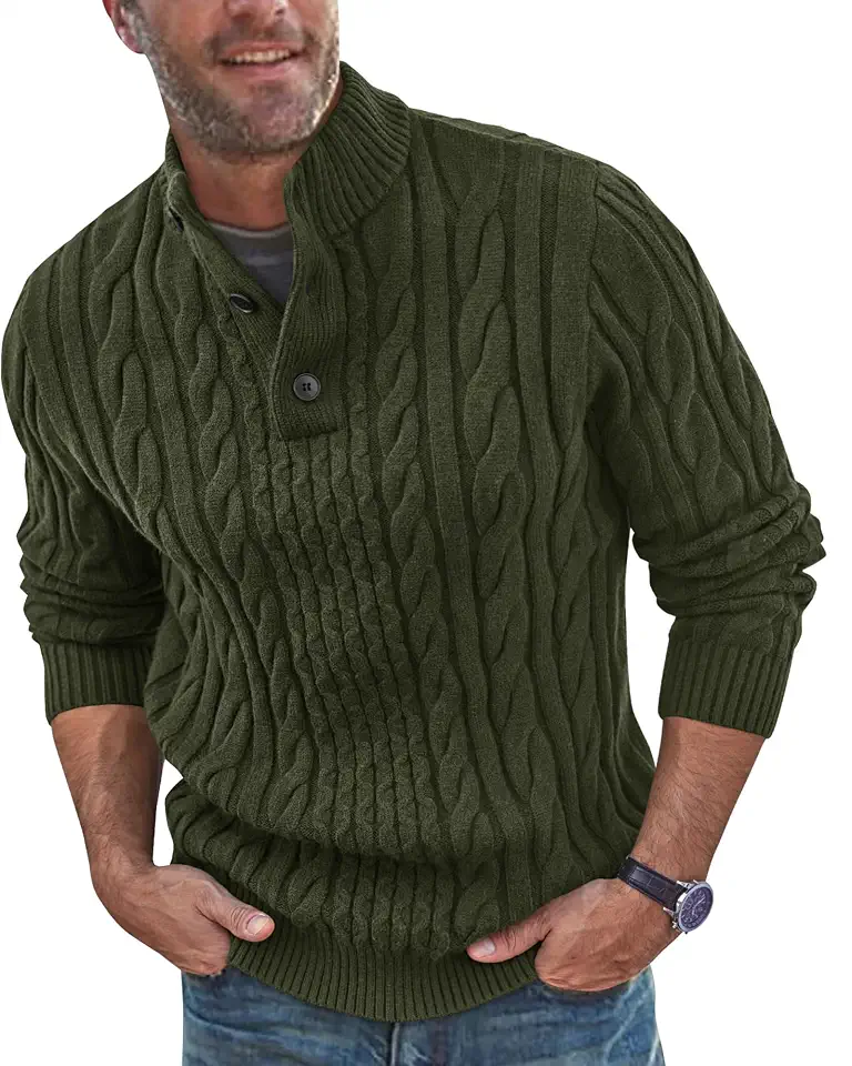 Beotyshow Mens Stand Collar Pullover Sweaters Cable Knitted Solid Twisted Thermal Sweaters with Buttons for Men