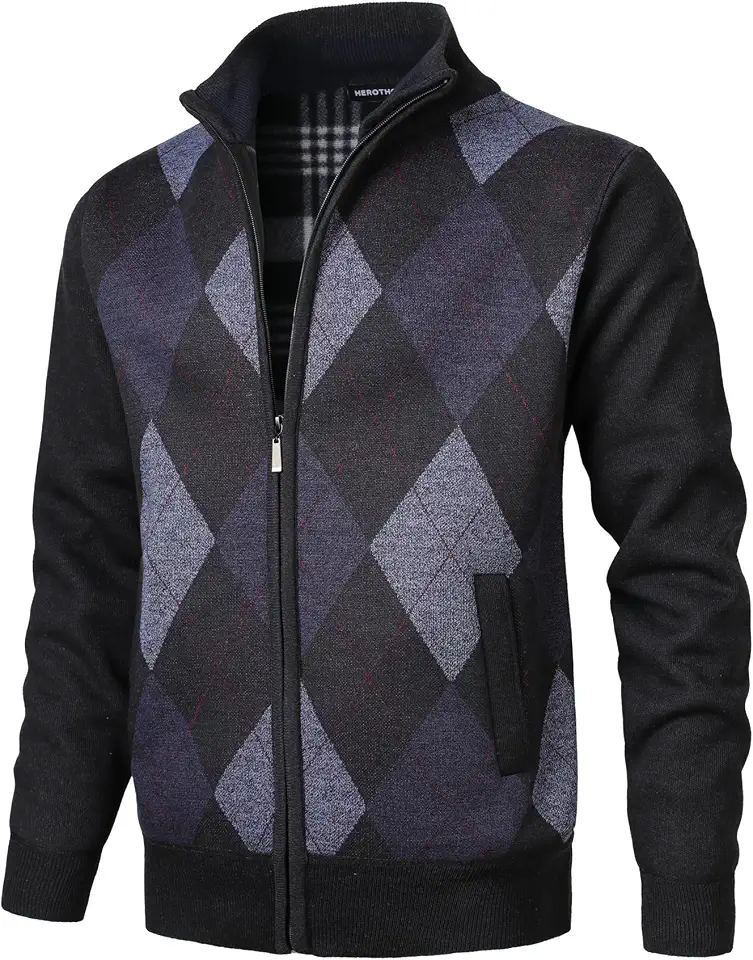 Men's Argyle Cardigan Full Zip Knitwear Fleece Lined Jumper Knit Sweater