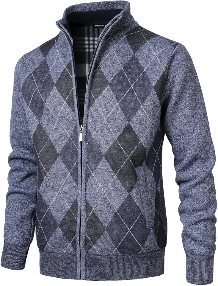 Men's Argyle Cardigan Full Zip Knitwear Fleece Lined Jumper Knit Sweater