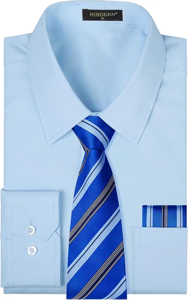 HISDERN Mens Dress Shirt with Tie Pocket Square Set Classic Button Down Shirt Matching Tie Long Sleeve Shirts