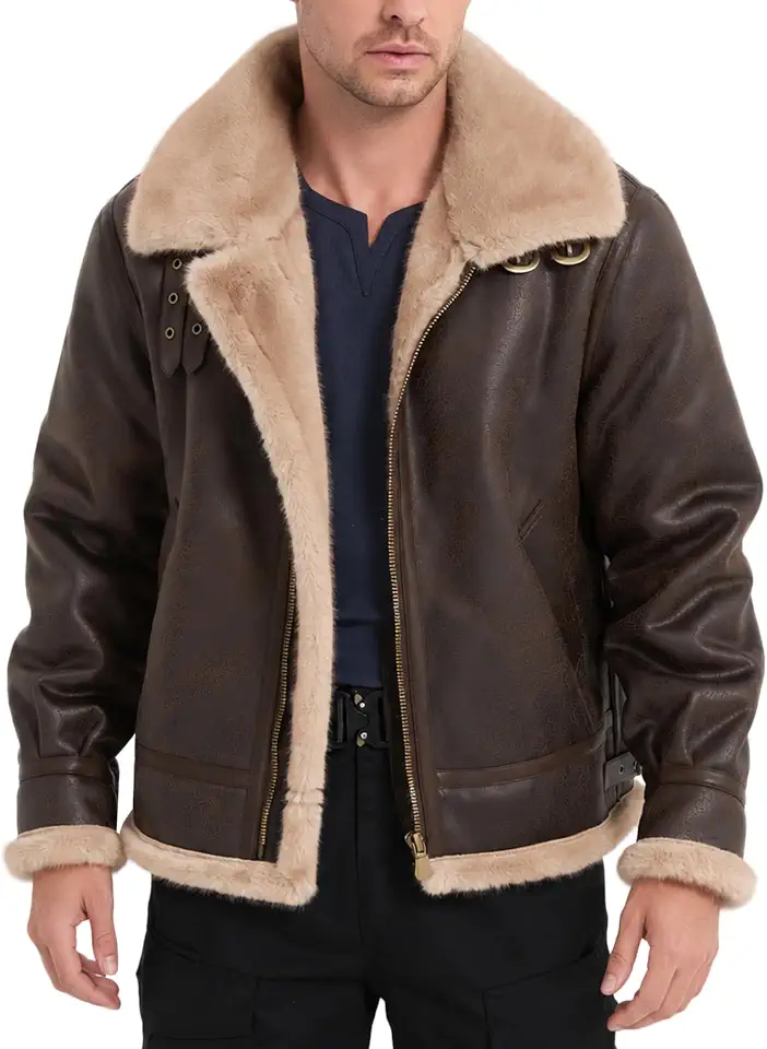 Mens Fur Outdoor Jacket Leather Bomber Shearling Cosplay Coat Brown