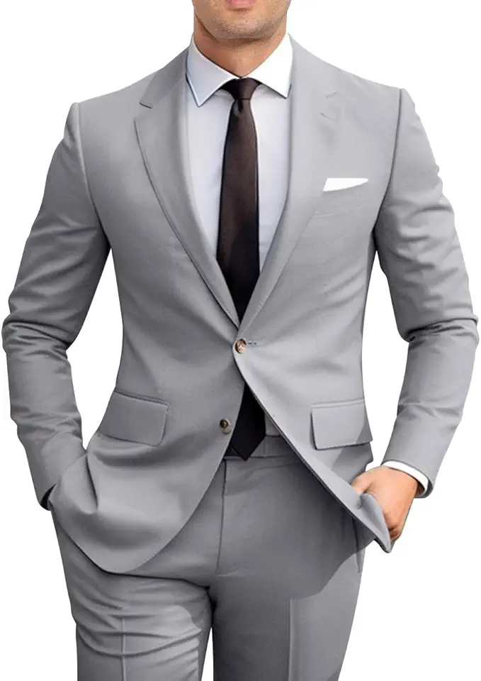 Men's Slim Fit 2 Piece Suit, Two Button Solid Suit Jacket Pants Set, Wedding Prom Suit
