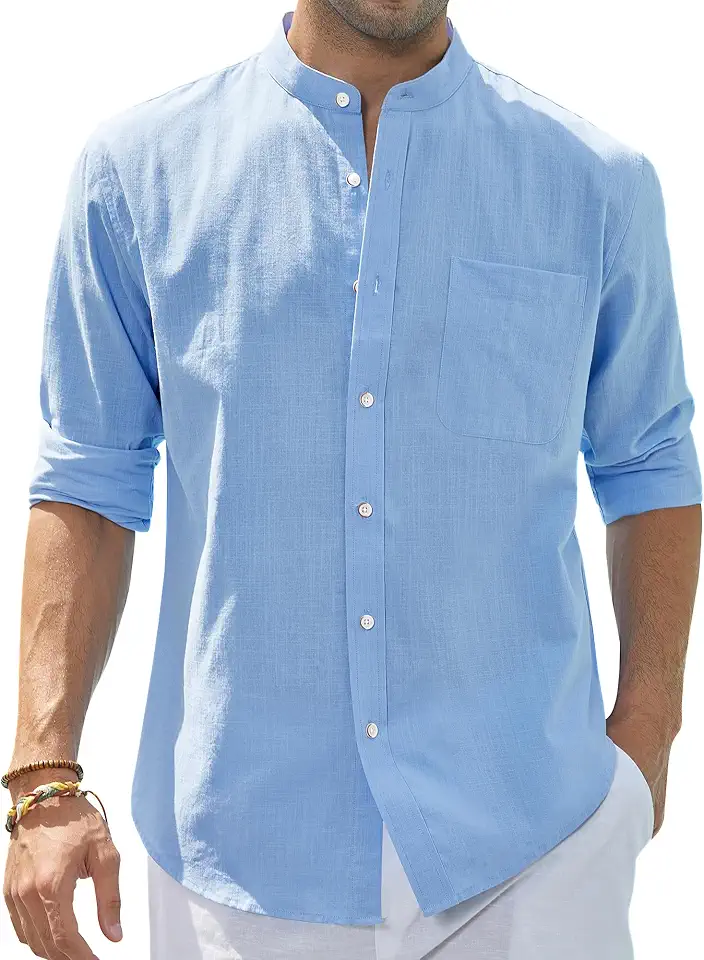 Global Recycled Standard J.VER Men's Cotton Linen Long Sleeve Shirts Casual Button Down Banded Collar Shirt Beach Summer Tops with Pocket