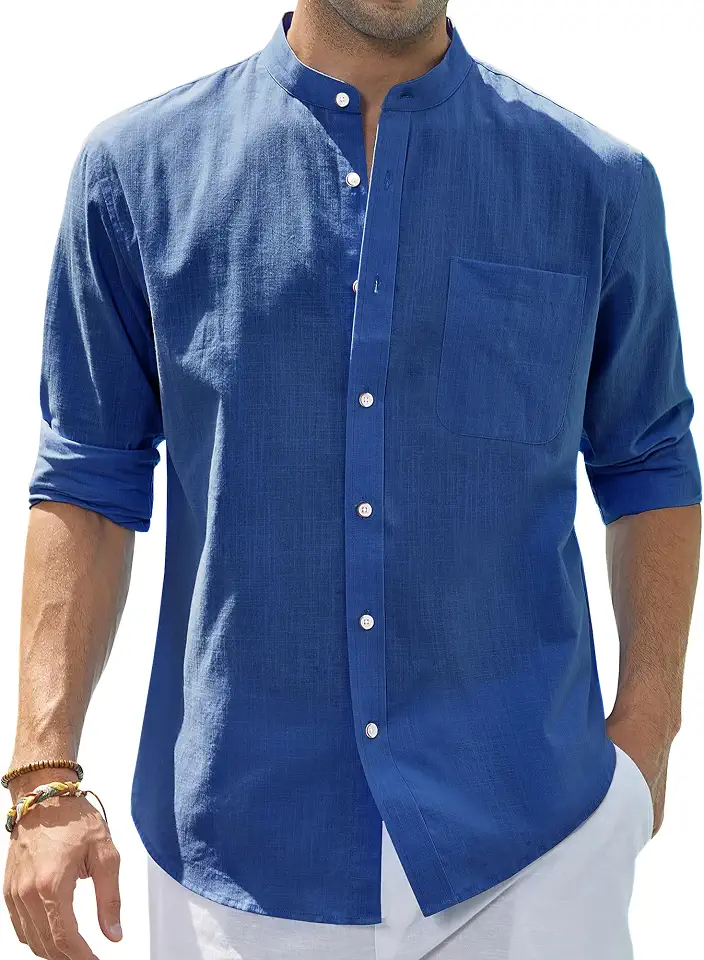 Global Recycled Standard J.VER Men's Cotton Linen Long Sleeve Shirts Casual Button Down Banded Collar Shirt Beach Summer Tops with Pocket