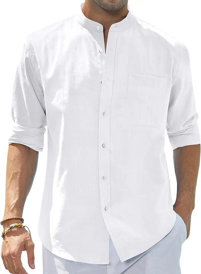 Global Recycled Standard J.VER Men's Cotton Linen Long Sleeve Shirts Casual Button Down Banded Collar Shirt Beach Summer Tops with Pocket