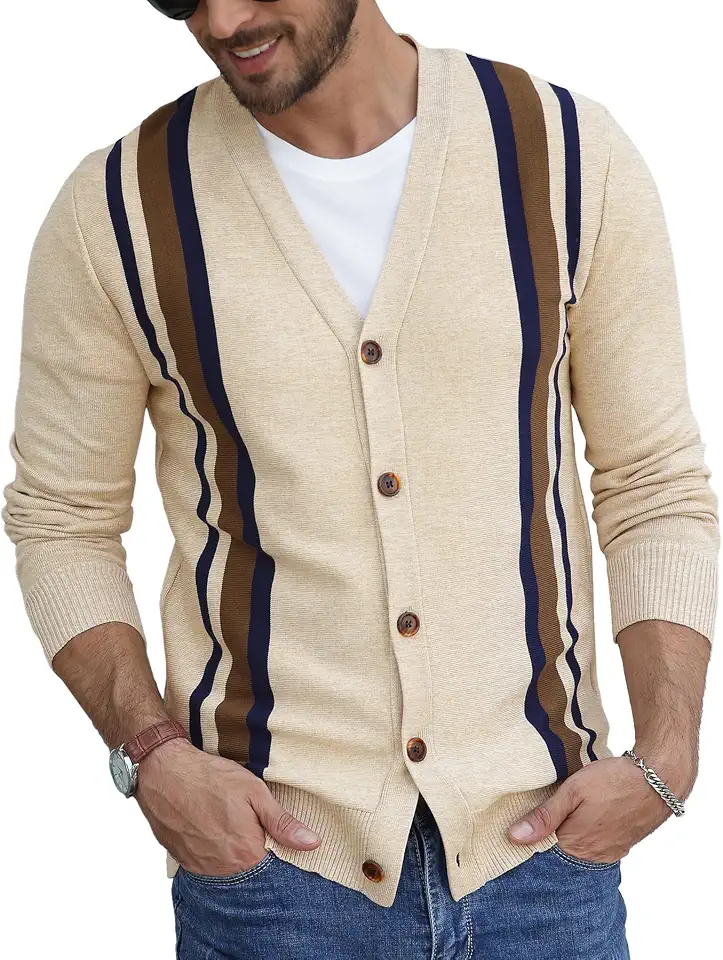 NITAGUT Men's Vintage Striped Long Sleeve Cardigan Sweater with Button