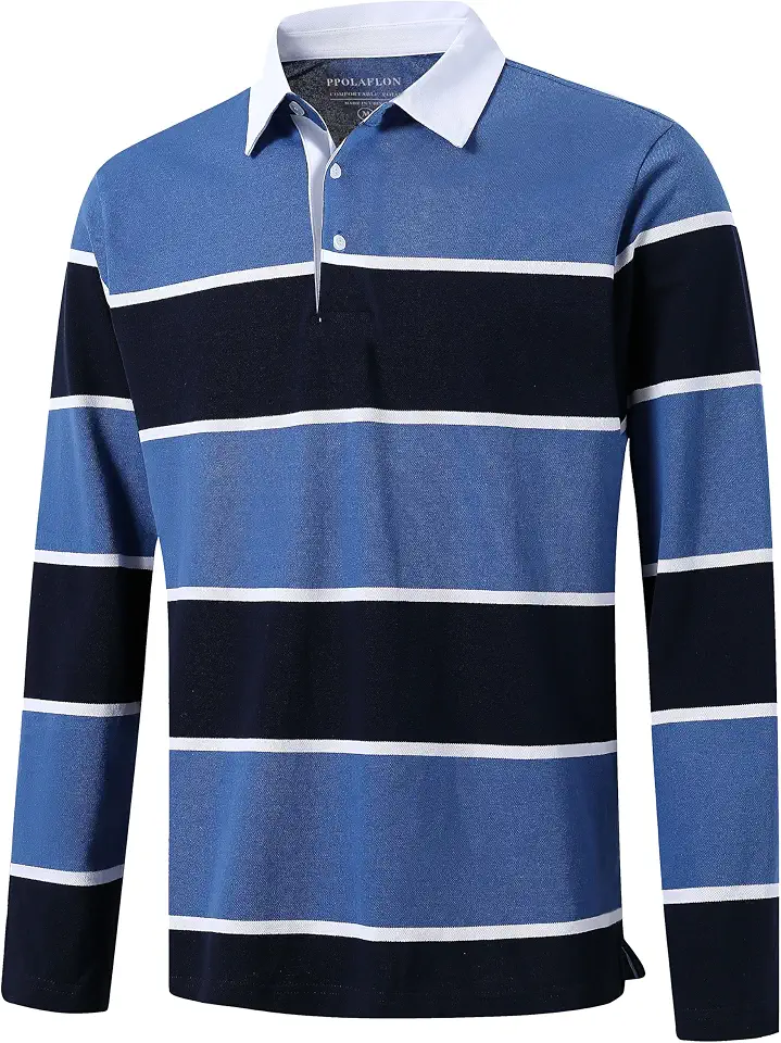 Men's Polo Shirts Long Sleeve Striped Dry Fit Casual Collared Pique Golf Polo Shirts for Mens