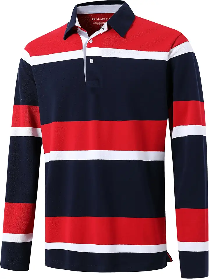 Men's Polo Shirts Long Sleeve Striped Dry Fit Casual Collared Pique Golf Polo Shirts for Mens