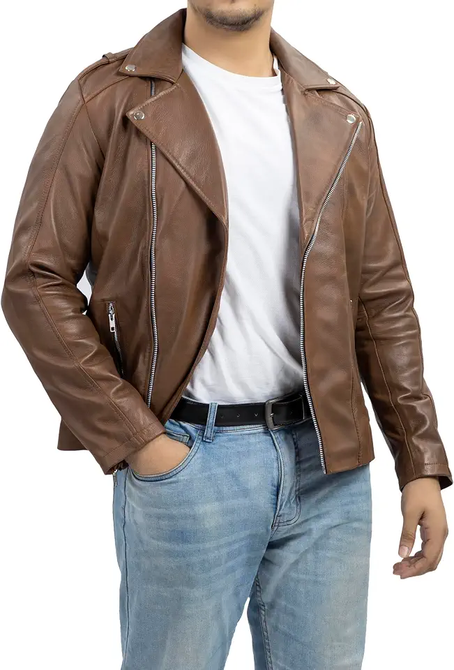 Jild Biker Style Genuine Leather Jacket Men - Vintage Look Asymmetric Zip-Up Hand Waxed Leather Lapel Style Motorcycle Jacket