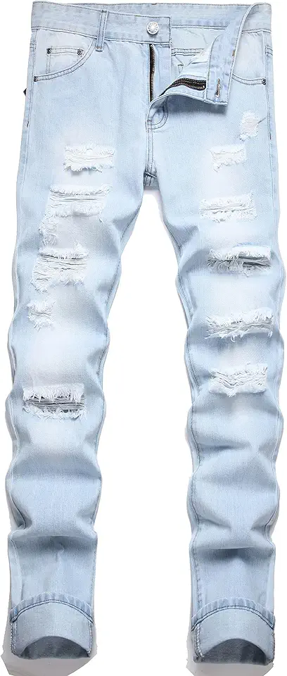 Men's Ripped Distressed Destroyed Straight Fit Washed Denim Jeans Pants