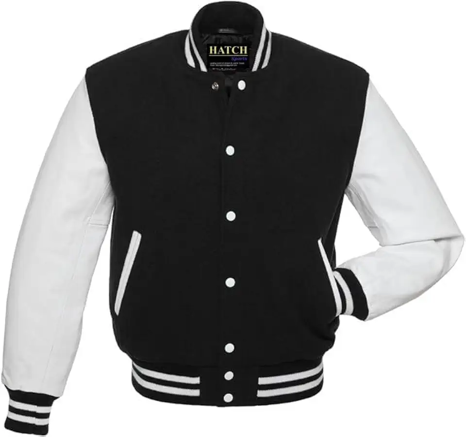 Men's Classic Varsity Jacket Genuine Leather Sleeve and Wool Blend Letterman Boys College Varsity Jackets (US, Alpha, Large, Regular, Regular, Black White)