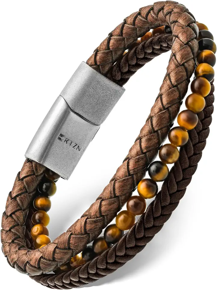 RTZN® Brown Leather Bracelet for Men – Premium Artisan Handcrafted Mens Leather Bracelet – Multi-Stand Mens Bracelet Leather Collection | Beaded Tiger Eye, Silver Chain, and Braided Brown Leather