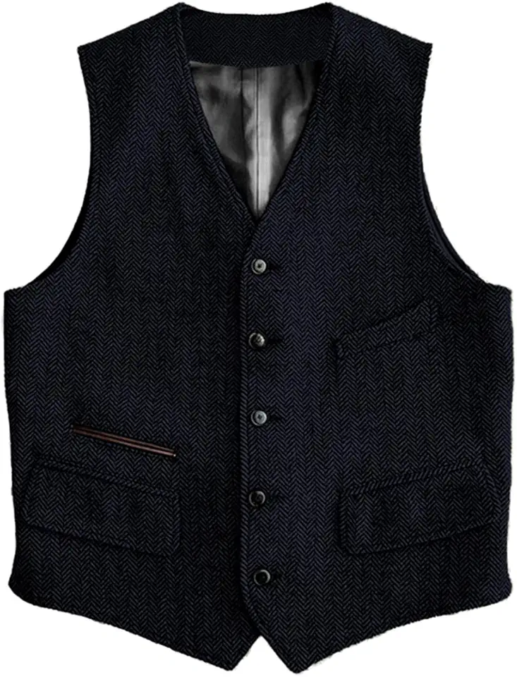 SOLOVEDRESS Mens Vintage Classic Herringbone Pattern Suit Vest V Neck Casual Wool Blend Waistcoat for Men