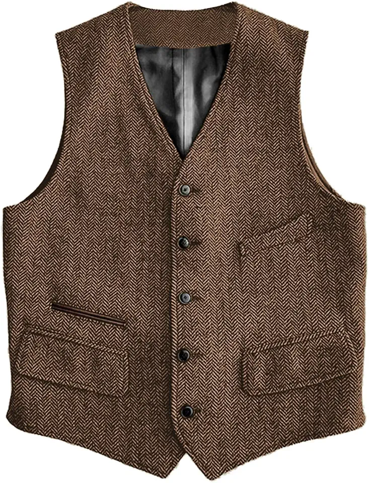 SOLOVEDRESS Mens Vintage Classic Herringbone Pattern Suit Vest V Neck Casual Wool Blend Waistcoat for Men