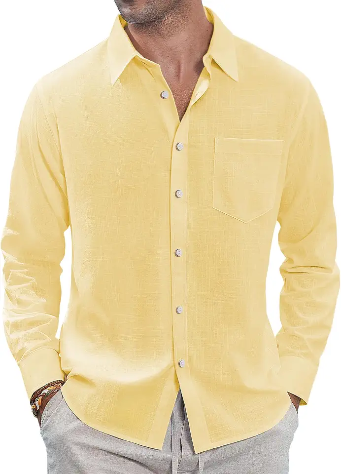 Global Recycled Standard J.VER Men's Linen Shirts Casual Button Down Long Sleeve Shirt Solid Spread Collar Summer Beach Shirts with Pocket