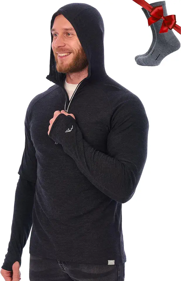 100% Merino Wool Hoodie Men - Slim Fit Quarter Zip Thermal Base Layer Top