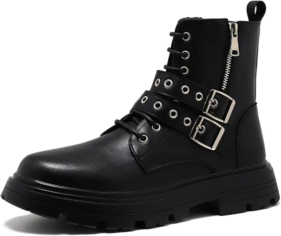 Men's Black Leather Platform Ankle Boots Lace up Side Zip Adjustable Buckle Lug sole Non-Slip Combat Booties Fashion Punk Motorcycle Boots
