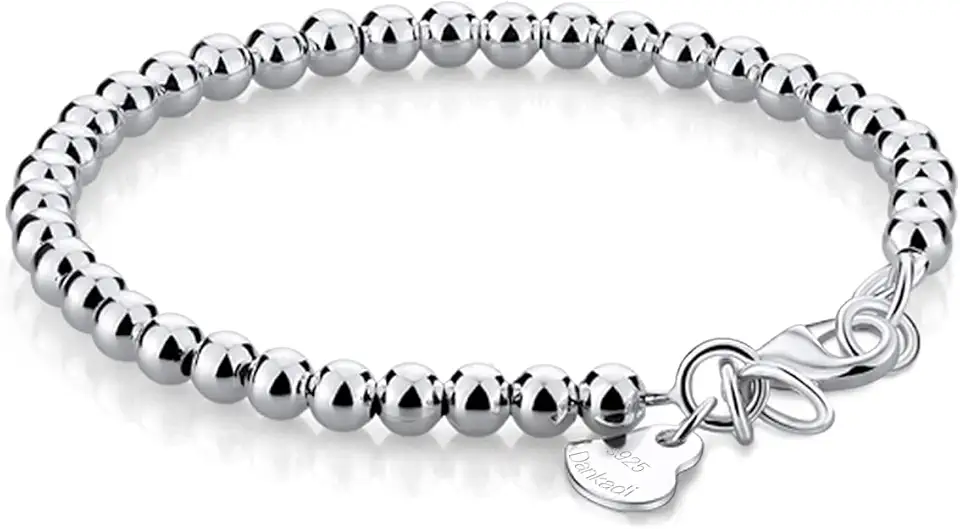 Dankadi Women 925 Sterling Silver Round Bead Bracelet Minimalist 4-6MM 13-21CM Bell and Heart Pendant Prayer Beads Link Chain Bracelet Men Charm Jewelry Gift