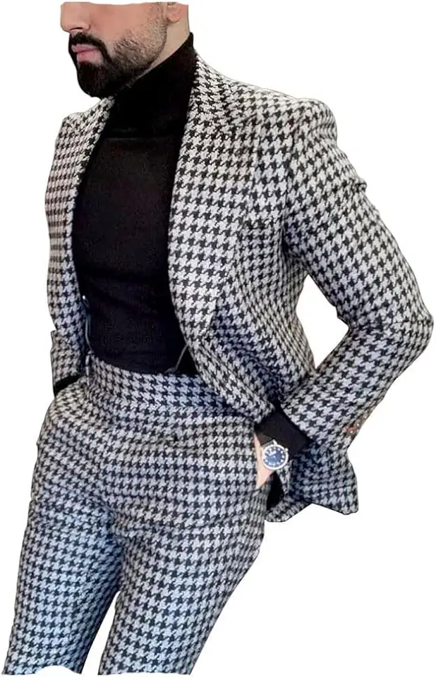 Mens Houndstooth Blazer Suit Slim Fit for Wedding Prom Party