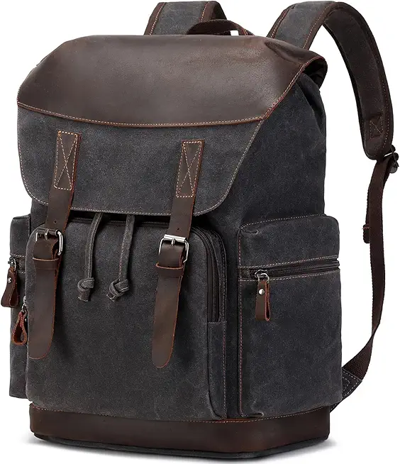 Nerlion Leather Backpack for Men Waxed Canvas Laptop Backpack 17.3 Inch Rucksack Vintage Travel Backpack (Black)
