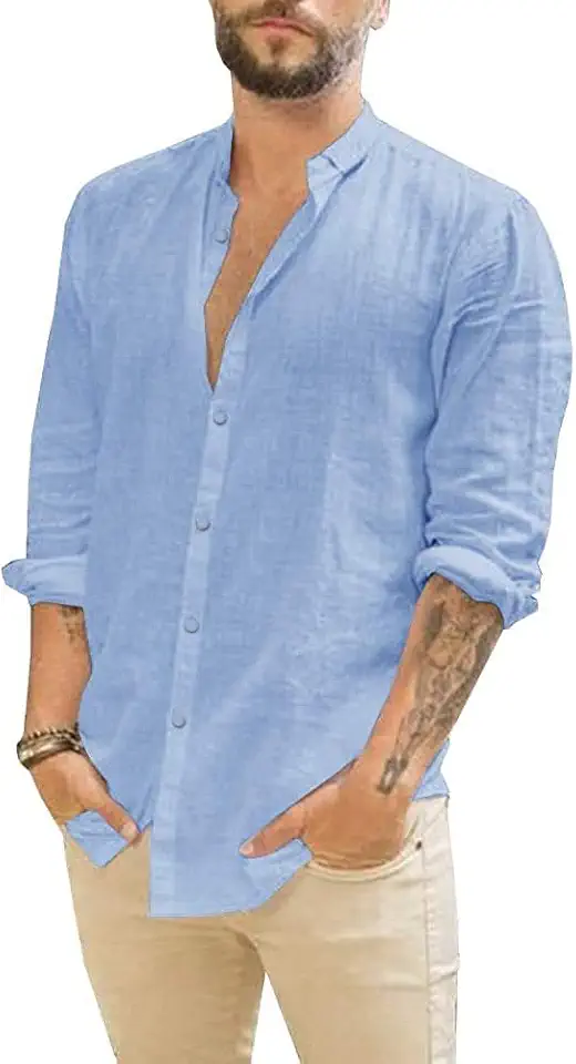 JEKAOYI Mens Summer Casual Long Sleeve Cotton Linen Shirts Button Up Solid Plain Roll-Up Sleeve Beach Shirts