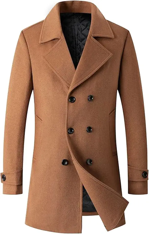 SOMTHRON Men's Woolen Trench Coat Regular Fit Double Breasted Wool Blend Jacket Winter Pea Coat Businesss Overcoat