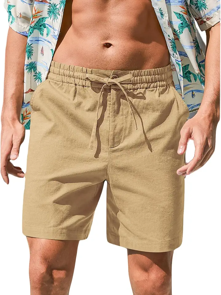 RQP Mens Cotton Linen Shorts Casual Drawstring 7inch Inseam Shorts Stretch Summer Beach Wear
