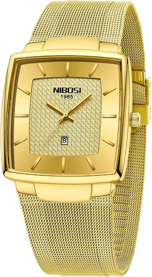 NIBOSI Men's Analog Watch, Square Dial Mesh Strap, Date Display