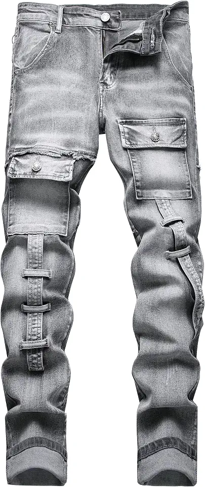 XIMXIMMTIAN Men's Biker Moto Washed Distressed Slim Fit Straight Jeans Denim