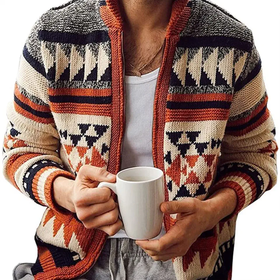 Men's Long Sleeve Cardigan Sweater Shawl Collar Patterned Sweater