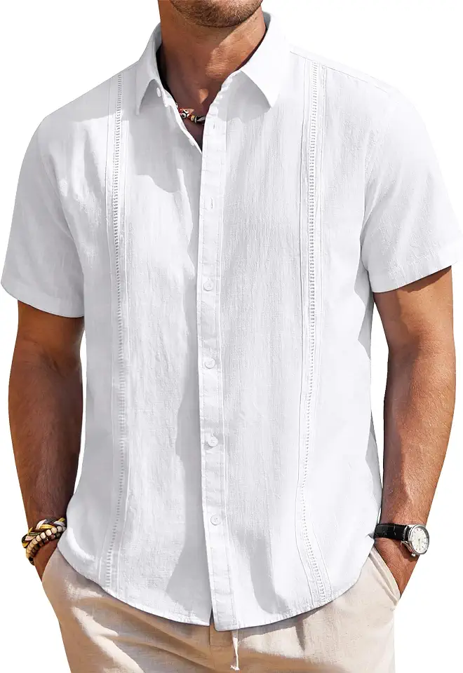 Global Recycled Standard Mens Linen Textured Shirt Short Sleeve Button Down Cuban Guayabera Shirt