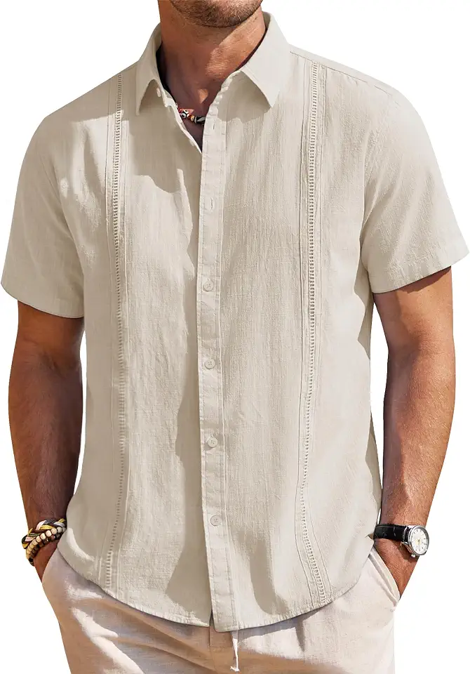 Global Recycled Standard Mens Linen Textured Shirt Short Sleeve Button Down Cuban Guayabera Shirt