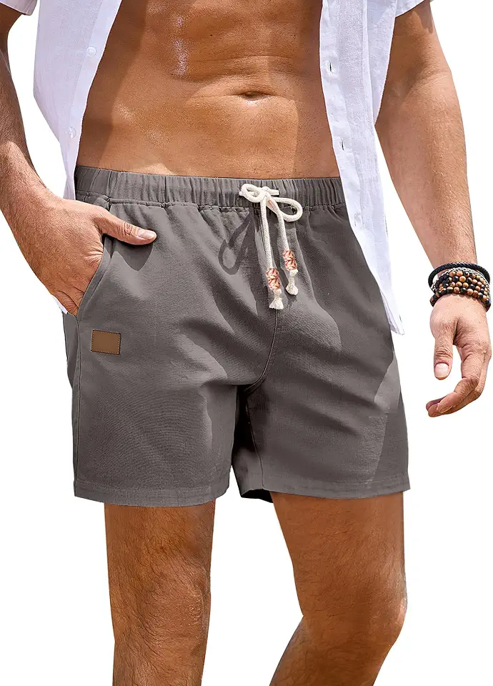 Global Recycled Standard JMIERR Mens 5"/7" Cotton Linen Lightweight Drawstring Casual Beach Shorts