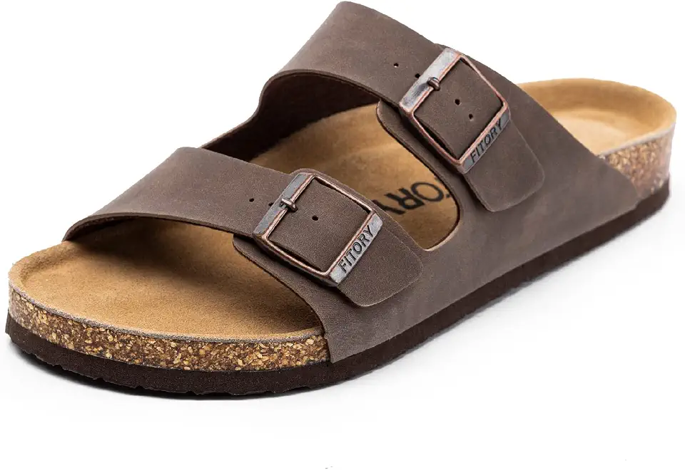 FITORY Mens Leather Insole Sandals with Two Buckles Open Toe Slides