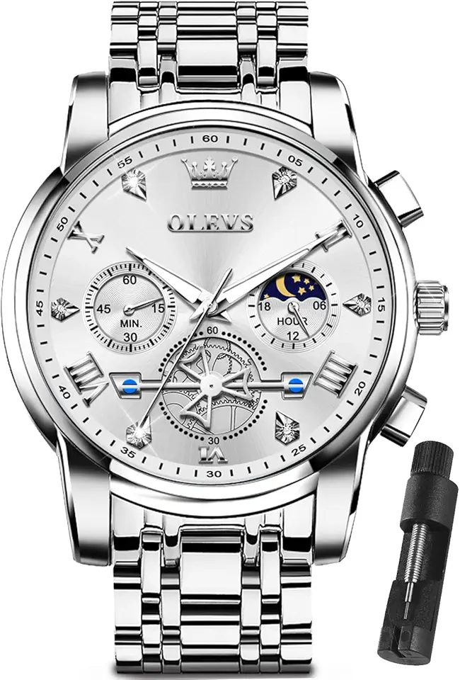 OLEVS Watches Men Stainless Steel Chronograph Watch Luxury Big Face Man Dress Watches Waterproof Roman Numeral Analog Quartz Men Wrist Watch Diamond Relojes para Hombre(Silver/Black/Gold/Red/Blue)