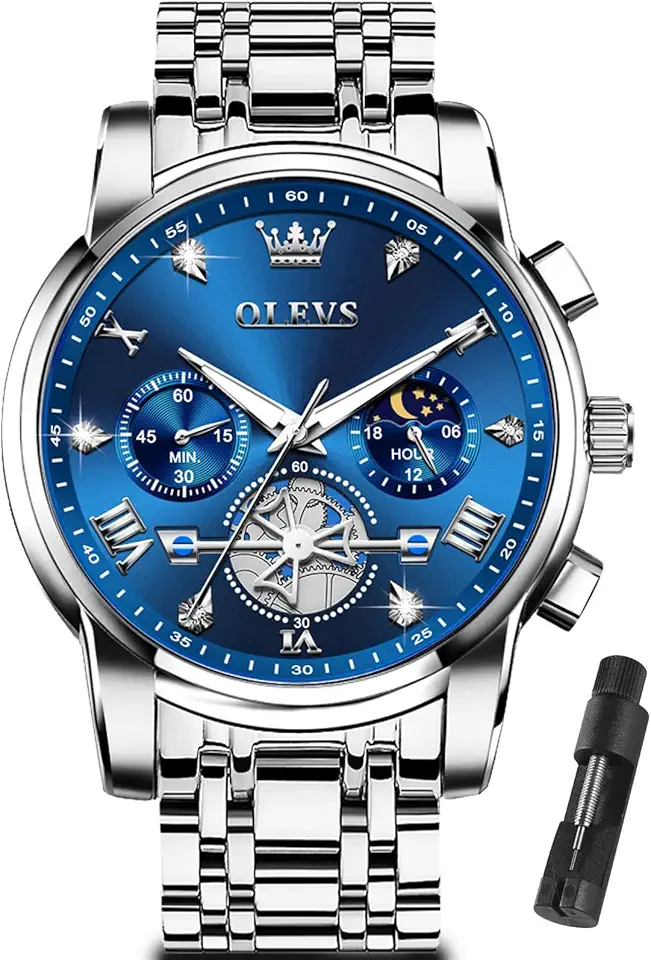 OLEVS Watches Men Stainless Steel Chronograph Watch Luxury Big Face Man Dress Watches Waterproof Roman Numeral Analog Quartz Men Wrist Watch Diamond Relojes para Hombre(Silver/Black/Gold/Red/Blue)