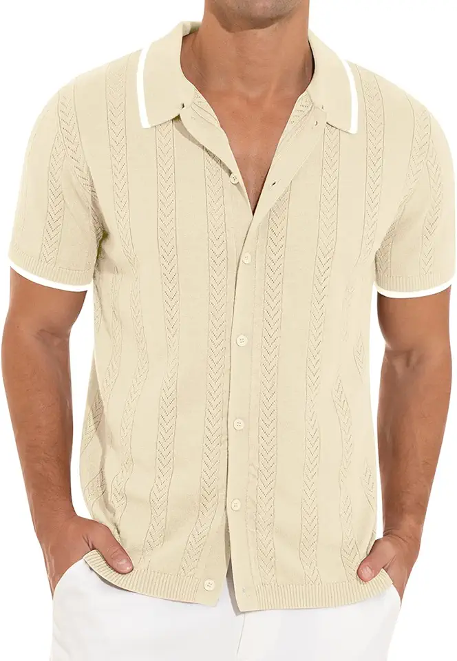 RQP Men's Casual Button Down Shirt Short Sleeve Vintage Clothes Knit Polo Shirts Summer Beach Shirts