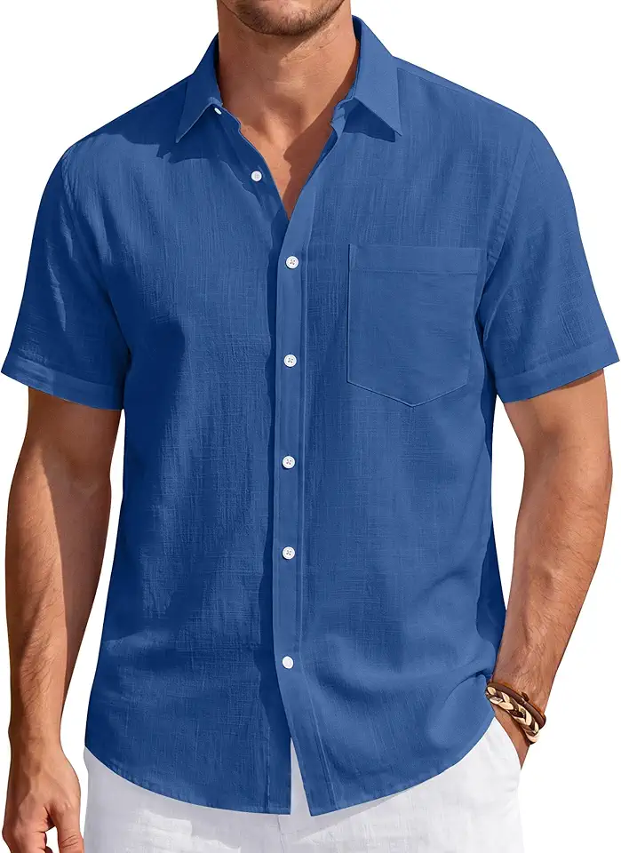 J.VER Mens Linen Shirt Short Sleeve Button Down Casual Summer Shirts | Cotton Linen, Untucked, Big Tall, from Beach Camp Vacation, Cruise Fishing, Work Office, to Wedding Party Family, with Pocket