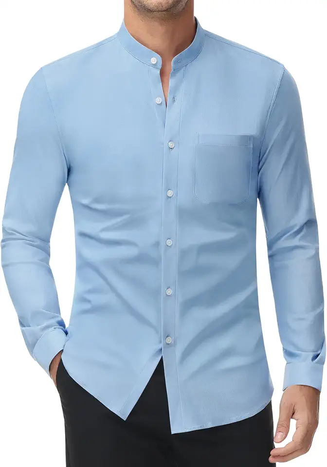 Global Recycled Standard Men's Collarless Dress Shirt Banded Collar Long Sleeve Button Down Shirt