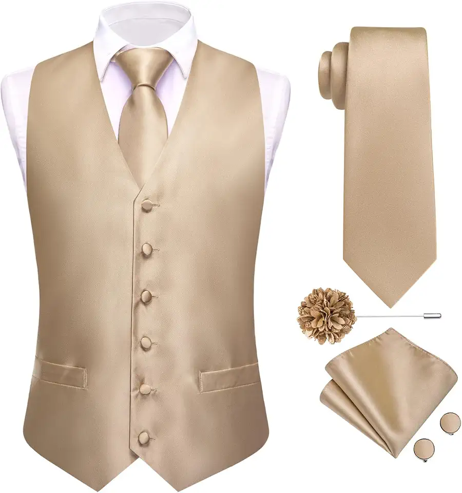 Hi-Tie Mens Silk Suit Vest Jacquard 5PCS Necktie Pocket Square Cufflinks Lapel Pin Formal Wedding Tuxedo